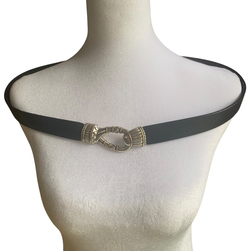 Chicos Womens Black Leather Belt Mixed Metal Silver Gold Hook Buckle Adjustabl S - Picture 3 of 6